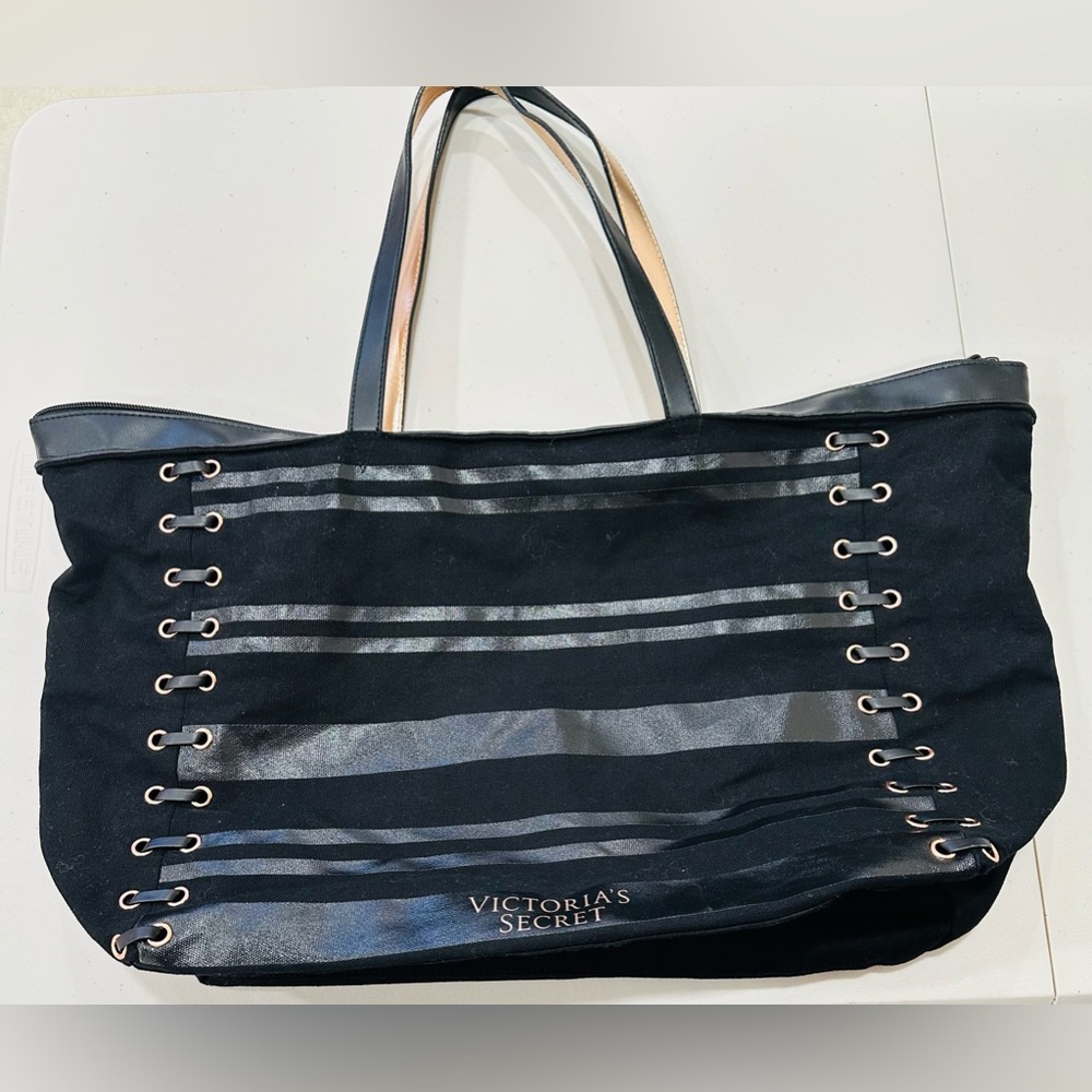 Victoria's Secret Weekender Travel Tote Bag Large Lace Up Corset Black/Rose Gold